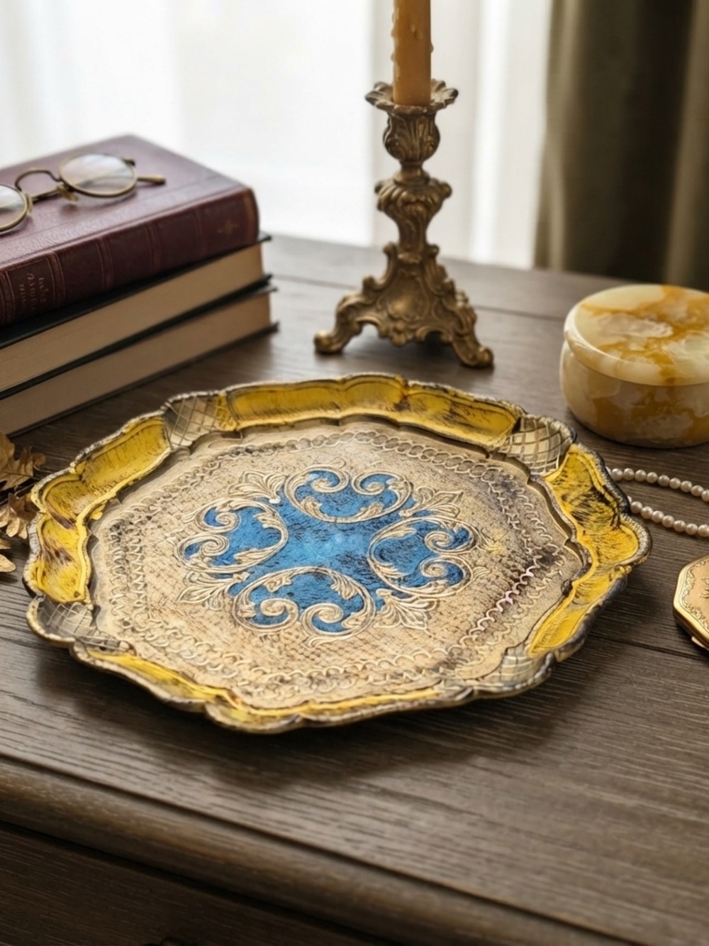 Vintage 1960s Italian Florentine Gold Gilt Wood Tray Blue Ornate Vanity Tray